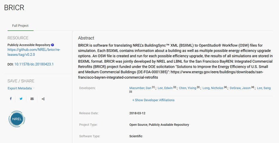 Illustrates how DOE CODE displays a software project record Figure 277887: Illustrates how DOE CODE displays a software project record