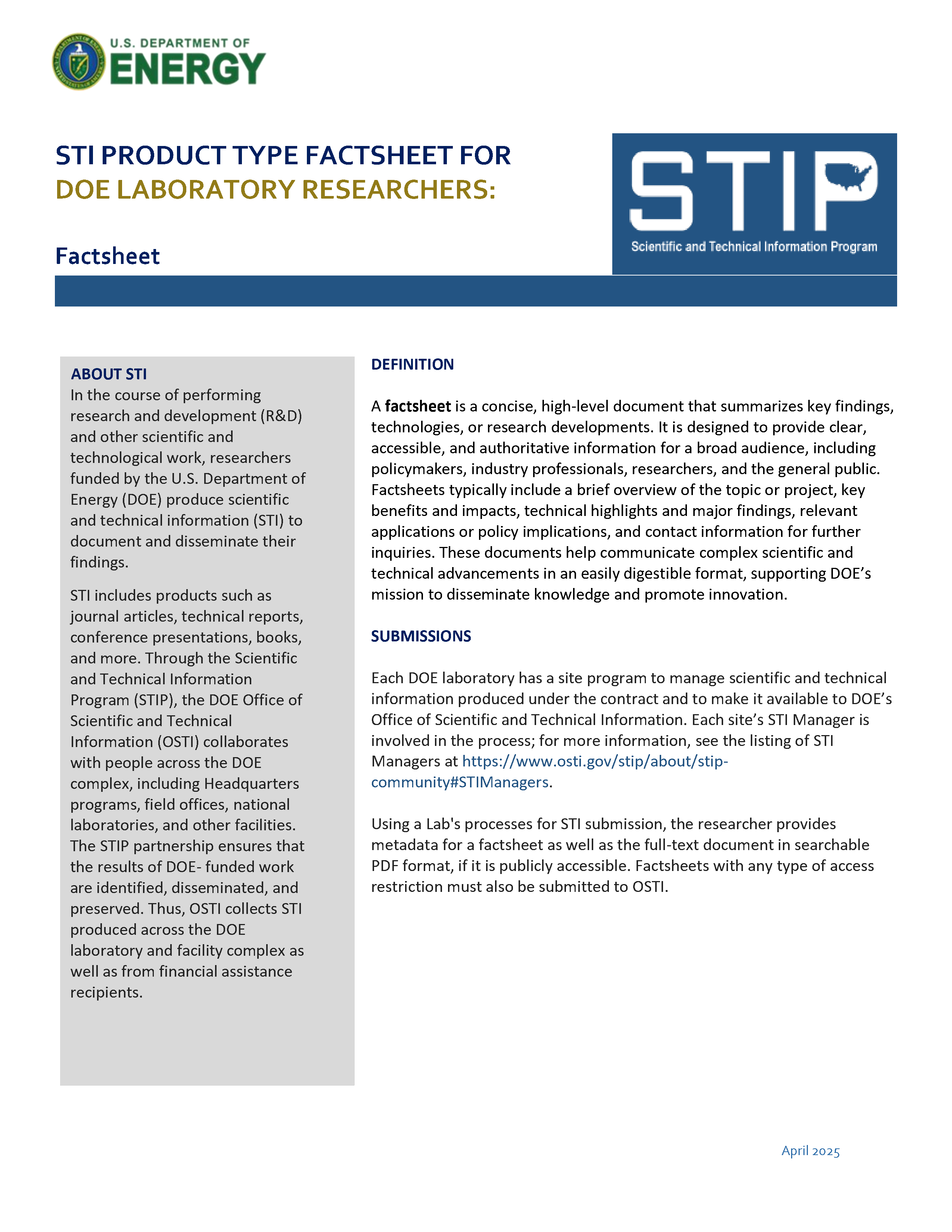 Factsheets, DOE Laboratory Researchers, Page 1 Factsheet – Labs Page 1